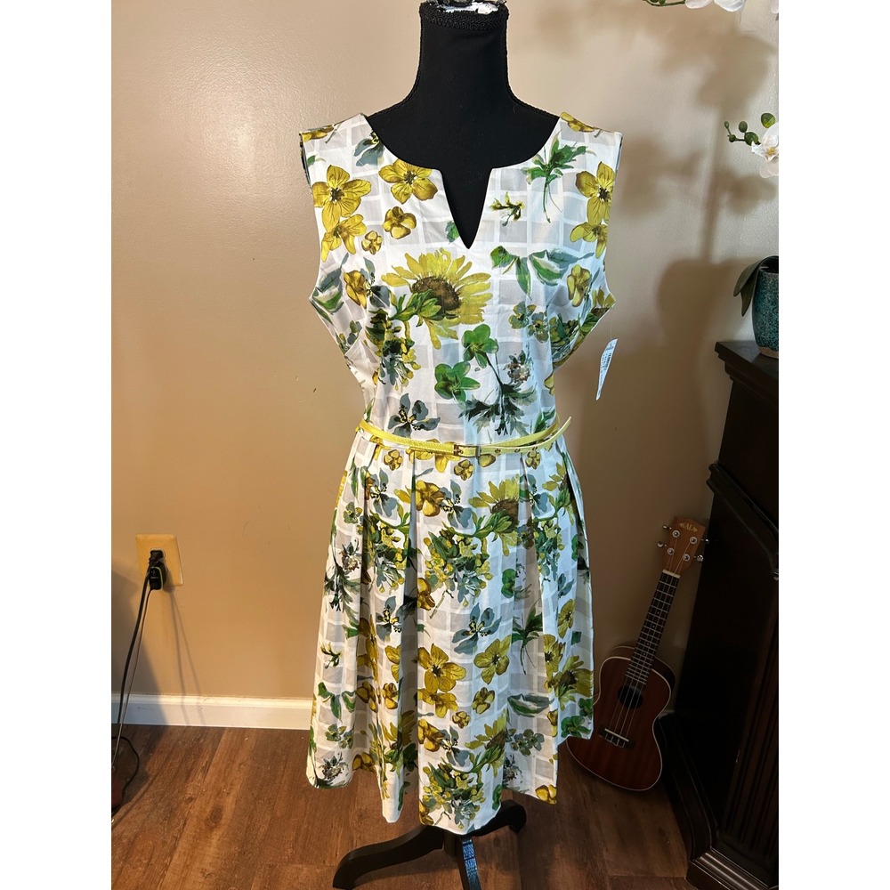 Dress barn Floral Fit and Flare Dress Yellow Green White Size 12 NWT